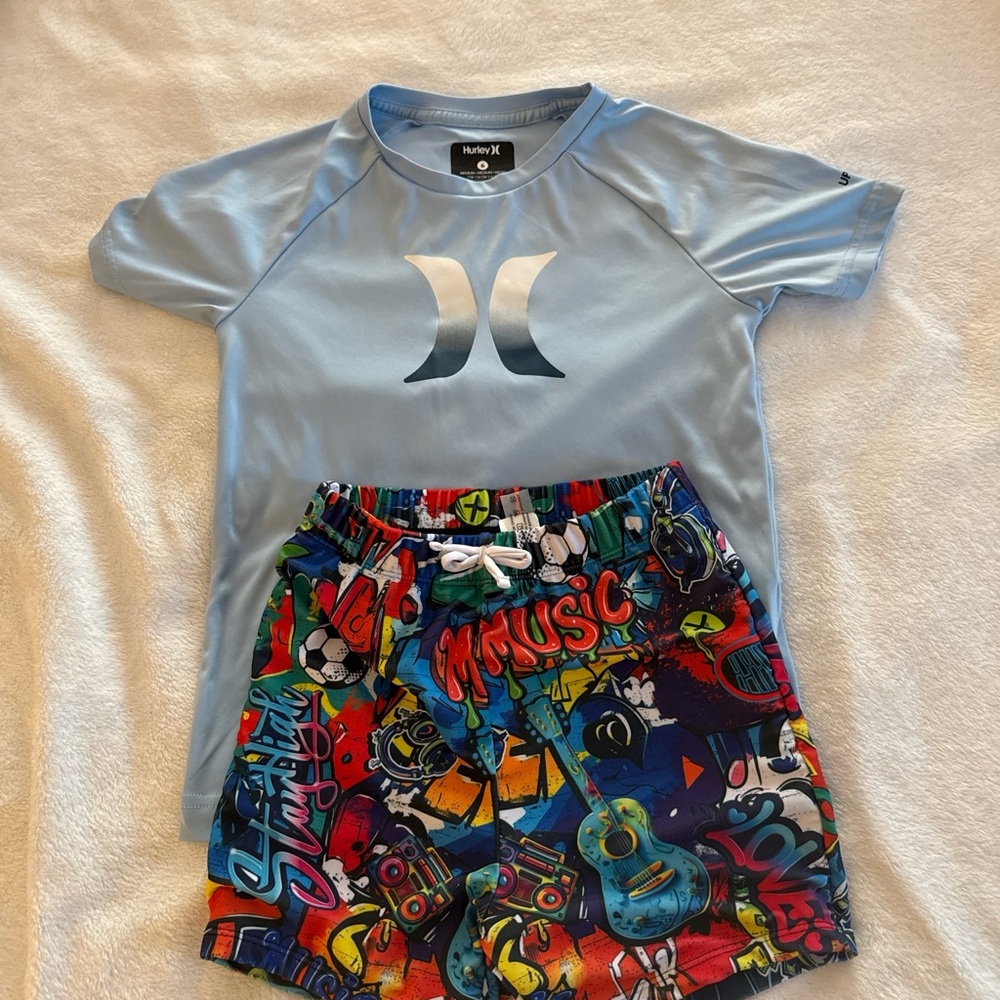 Hurley Kids Light Blue Rashguard and Graphic Shorts
